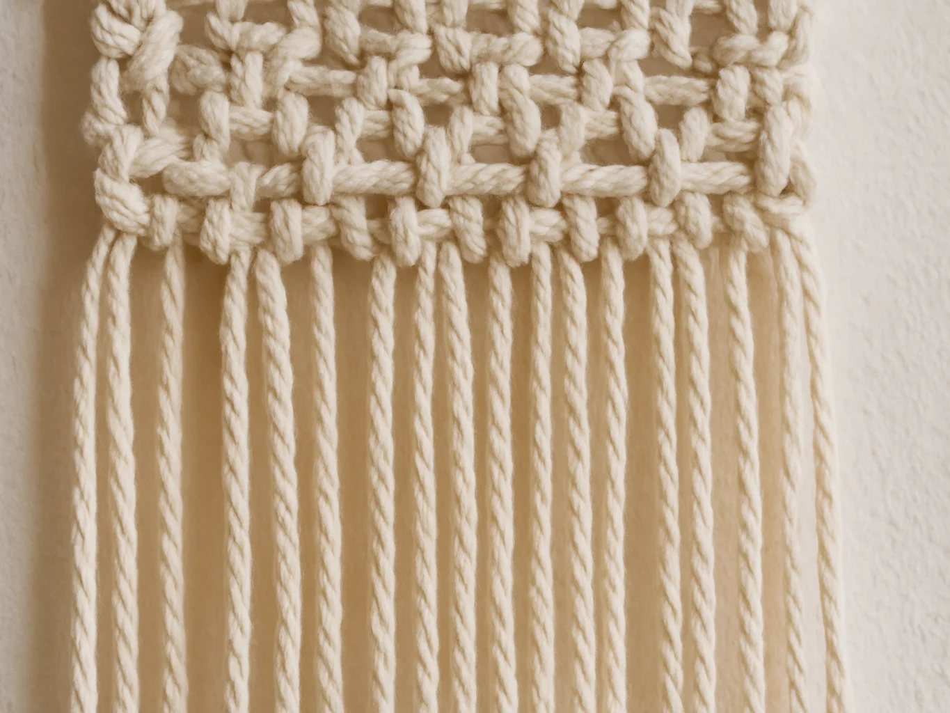 Detalle de tapiz de macramé con nudos cuadrados y flecos de algod