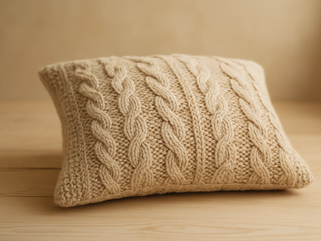 Cojín de punto tejido en tono beige con textura de lazadas visibl