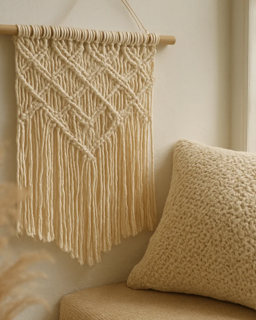 Vista cercana de un tapiz de macramé de nudos visibles colgado ju